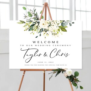 Greenery Wedding Welcome Sign: Cream & White Roses (DIY Printable)