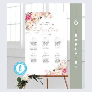 Plano de asientos con motivos florales en color rosa, tarjetas con números de mesa, plantillas de menú y tarjetas de ubicación / 6 plantillas editables / Tarjetas con nombres para bodas