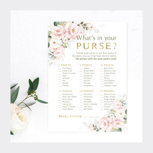 Spel roze bloemen vrijgezellenfeest | Wat zit er in je portemonnee? Spelkaarten | Blush rozen groen | Roze rozen | Direct downloaden | DIY-afdrukbaar