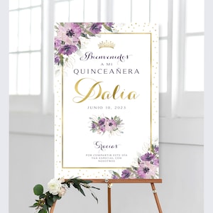 Letrero de bienvenida de quinceañera con flores moradas y bono imprimible / Dulces 15 / Mis Quince Años / Personalizado / Flores moradas