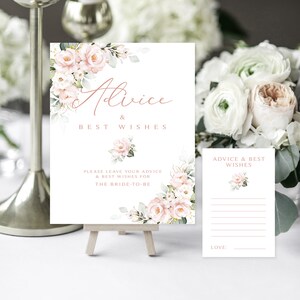 Consejos y mejores deseos con motivos florales en rosa / Letrero y juego de tarjetas / Rosas ruborizadas y vegetación / Oro rosa / Descarga instantánea / Imprimible para hacer uno mismo