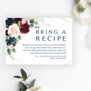 Burgundy and Navy Please Bring a Recipe Card | 3.5 x 5 Card | Bring a Recipe Insert | Burgundy | Instant Download | DIY Printable