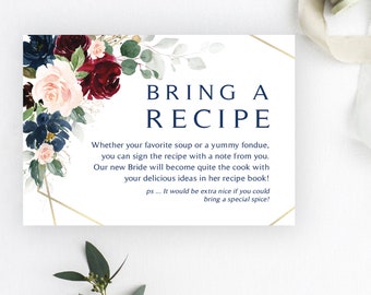 Burgundy and Navy Please Bring a Recipe Card | 3.5 x 5 Card | Bring a Recipe Insert | Burgundy | Instant Download | DIY Printable