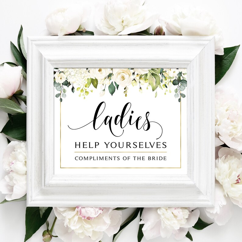 Greenery Ladies Bathroom Sign Bathroom Basket Help Yourselves Instant Download White Roses Wedding Bathroom Cream Roses 8 x 10