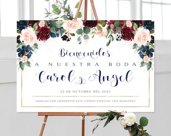 Burgundy and Navy Bienvenidos Sign a Nuestra Boda | Digital Download | Spanish Wedding Sign and Bonus Printable | Personalized