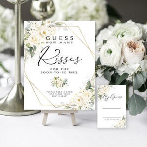 Greenery Bridal Shower Game: How Many Kisses Sign & Card Set (DIY Printable)
