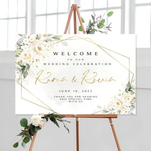 Panneau de bienvenue pour mariage Greenery : roses crème et blanches (téléchargement numérique)