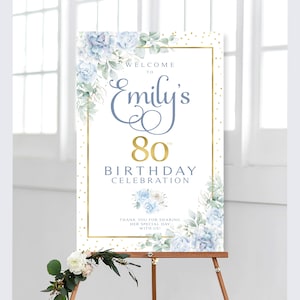 Letrero de bienvenida de cumpleaños con flores en azul claro y bono imprimible / Descarga digital / Bienvenida con flores azules / Cumpleaños personalizado / Flores azules
