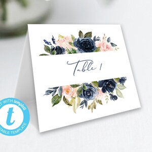 Blush and Navy Table Number Cards Editable Template EDIT with Templett Name Cards Thank You DIY Editable Blush and Navy image 1
