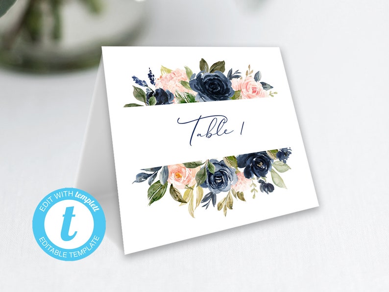 Blush and Navy Table Number Cards Editable Template EDIT with Templett Name Cards Thank You DIY Editable Blush and Navy image 1