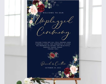 Burgundy and Navy Welcome to Our Unplugged Ceremony Sign | Various Sizes | Personalized | Custom Sign | Burgundy and Navy | Marsala Floral