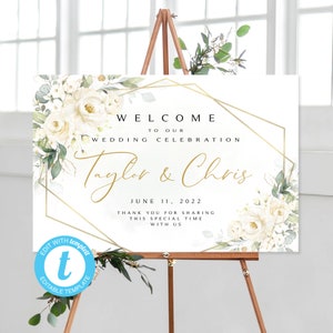 Floral Wedding Welcome Sign: Cream & White Roses (Editable Template)