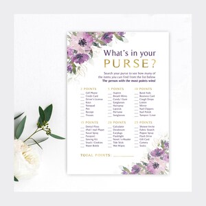 Purple Floral Shower Game | What's in Your Purse? Game Cards | Purple Blooms | Purple Flowers | Instant Download | DIY Printable