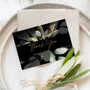 Tarjetas de agradecimiento con flores negras y verdes / Tarjetas de plato plano / Descarga instantánea / Hojas doradas / Imprimibles DIY