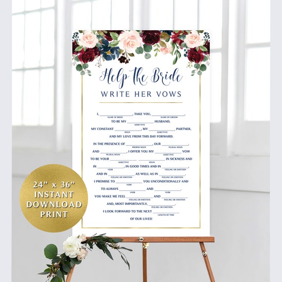 Fill In The Blanks Help The Bride Write Vows Shower Game 24 X 36.
