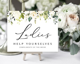 Ladies Bathroom Sign | Wedding Bathroom | Restroom | Bathroom Basket | Help Yourselves | Cream Roses | White Roses | Instant Download