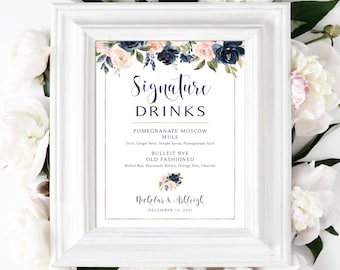 Blush and Navy Signature Drinks Sign | Wedding Drinks Sign | Bar Menu Sign | Wedding Bar Menu | Personalized | Custom Sign | DIY Printable