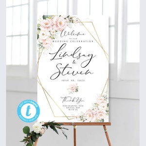 Pink Floral Wedding Welcome Sign: Editable Blush Roses Template