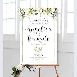 Greenery Bienvenidos a Nuestra Boda Sign | Spanish Wedding Sign and Bonus Printable | Cream Roses | White Roses | DIY Printable