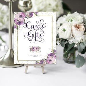 Purple Floral Cards and Gifts Sign: Printable Wedding Decor (Digital Download)
