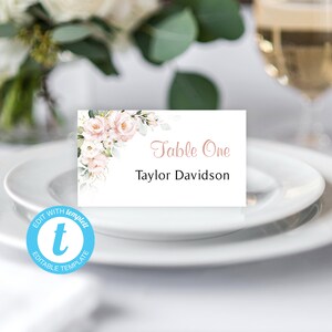 Pink Floral Place Cards: Blush Roses, Editable Template (Digital Download)