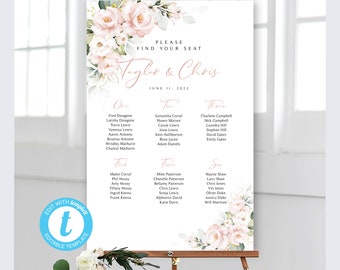 Pink Floral Seating Chart Templates and Place Cards | EDIT with Templett | 3 Sizes | Wedding Seating Plan | Editable Template