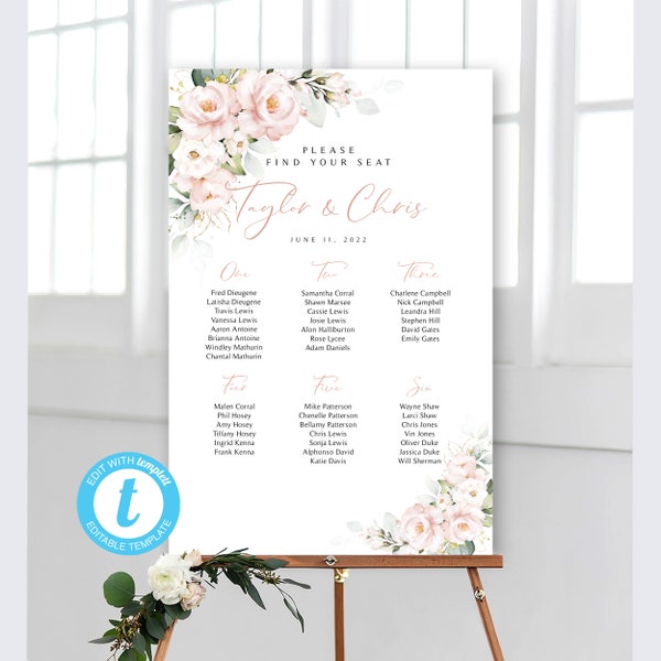 Pink Floral Seating Chart Templates and Place Cards | EDIT with Templett | 3 Sizes | Wedding Seating Plan | Editable Template