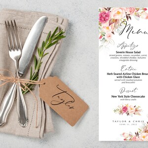Pink Floral Wedding Menu: Personalized Table Card (Digital Download)