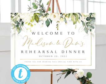 Greenery Rehearsal Dinner Welcome Sign Template  | EDIT with Templett | Two Editable Templates | Welcome Sign | Cream Roses | White Roses