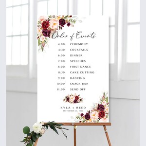 Burgundy Floral Wedding Order of Events Sign (Digital Download)