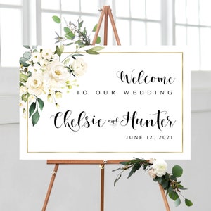 Personalized Greenery Wedding Welcome Sign: Cream & White Roses (DIY Printable)