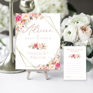 Roze bloemenadvies en beste wensen | Bord- en kaartenset | Romantisch bloemengroen | Roségoud | Direct downloaden | Afdrukbaar | Aangepast bord