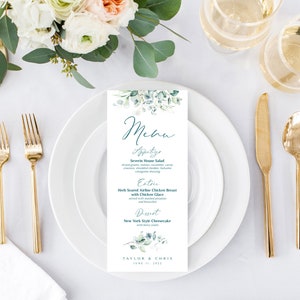 Greenery Personalized Menu | Custom Sign  | Wedding Dinner Menu | Table Menu Card | 4 x 9 | Eucalyptus | Greenery | DIY Printable