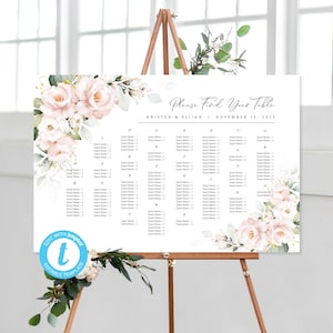 Sjablonen voor zitplaatsen met roze bloemen en plaatskaarten | Templett | Stoelindeling | Bewerkbare sjabloon | Roze rozen | Boho-bruiloft | Roze bloemen