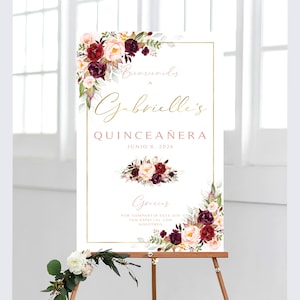 Burgundy Floral Quinceañera Welcome Sign (Digital Printable)