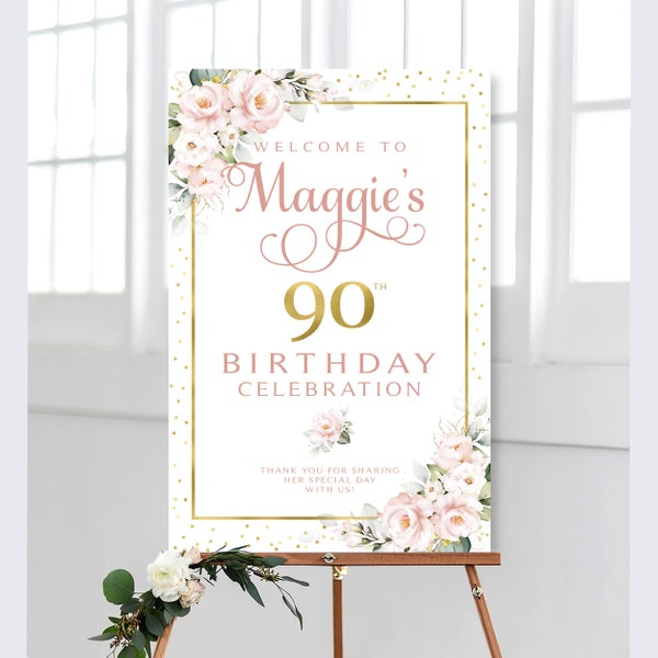 Pink Floral Birthday Welcome Sign and Bonus Printable | Digital Download | Floral Welcome | Personalized Birthday | Blush Roses | Pink Roses