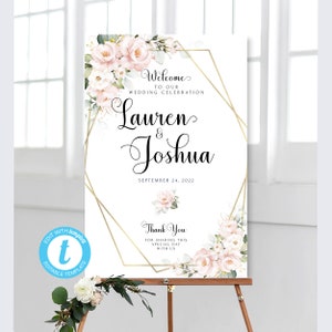 Pink Floral Wedding Welcome Sign: Editable Blush Roses Template (Digital Download)