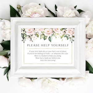 Unisex Bathroom Sign | Wedding Bathroom | Restroom | Bathroom Basket | Help Yourself | Blush Roses | Pink Roses | Instant Download