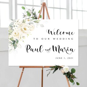 Panneau de bienvenue pour mariage Greenery : roses crème et blanches (téléchargement numérique)