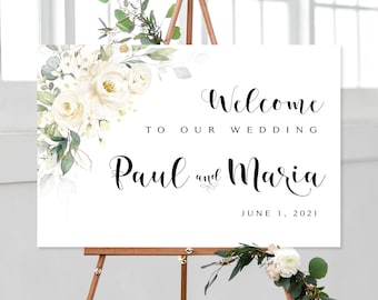 Greenery Wedding Welcome Sign and Bonus Printable | Digital Download | Custom Sign | Welcome Poster | Cream Roses and Greenery | White Roses
