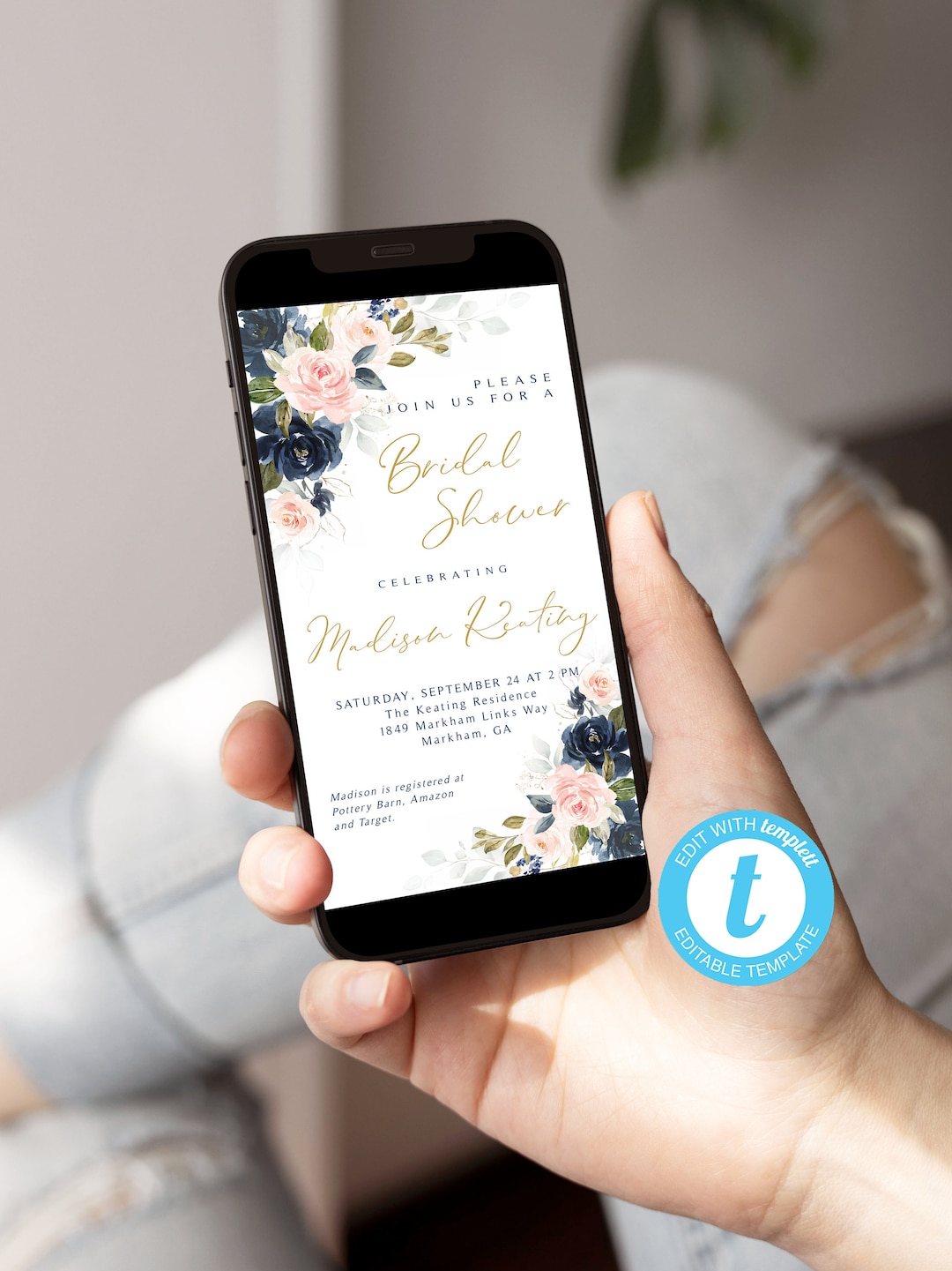 Blush and Navy Bridal Shower Invitation Two Formats Etsy