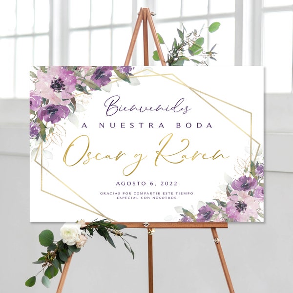 Purple Floral Wedding Welcome Sign and Bonus Printable | Digital Download | Boda Bienvenidos | Purple Blooms with Greenery | Purple Flowers