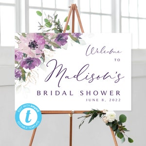 Purple Floral Shower Welcome Sign | Bridal Shower Welcome | Templett | 3 Sizes | Editable Template | Purple Blooms | Purple Flowers