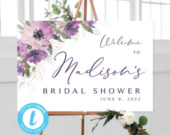 Purple Floral Bridal Shower Welcome Sign: Editable Template (Digital Download)