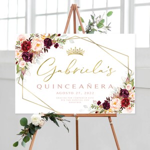 Burgundy Floral Quinceañera Welcome Sign (Digital Printable)