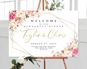 Pink Floral Rehearsal Dinner Welcome Sign | Welcome Sign and Bonus Printable | Rehearsal Dinner | Romantic Blooms Greenery | Pink Roses