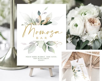 Greenery Momosa Bar Sign and Juice Tags | 8 x 10  | Baby Shower Momosa Sign | Golden Leaves | Instant Download | DIY Printable