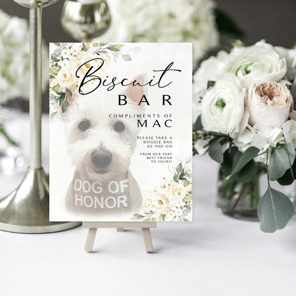 Greenery Biscuit Bar Sign | 8 x 10 | Personalize with Your Dog's Name and Photo | Cream Roses Greenery | White Roses | DIY Printable