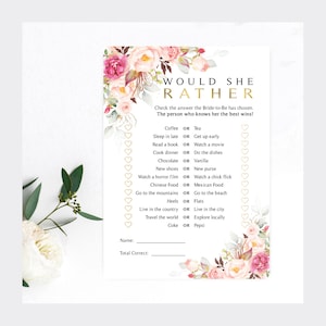 Pink Floral Bridal Shower Game: Would She Rather (DIY Printable)