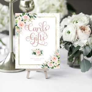 Pink Floral Cards and Gifts Sign: Rose Gold Wedding Decor (Digital Download)